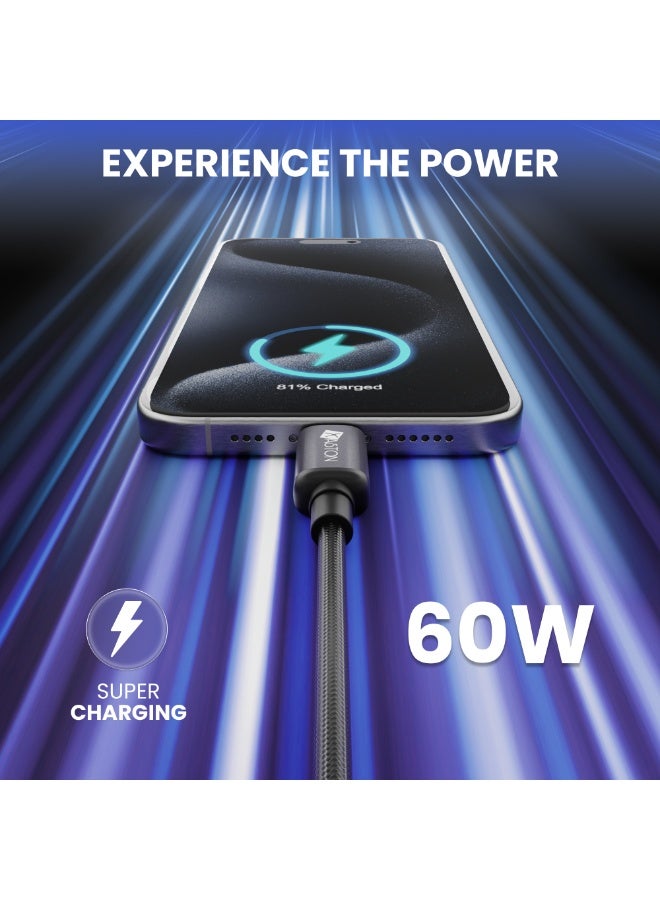 اكساستون كابل من النوع C إلى النوع C مع شحن سريع بقوة 60 واط، كابل بيانات وشحن بتقنية Power Delivery، كابل USB-C مضفر معدني، نقل عالي السرعة ومتين، متوافق مع أجهزة MacBook والكمبيوتر المحمول والهواتف الذكية وأجهزة USB-C (NCC18) - Image 2